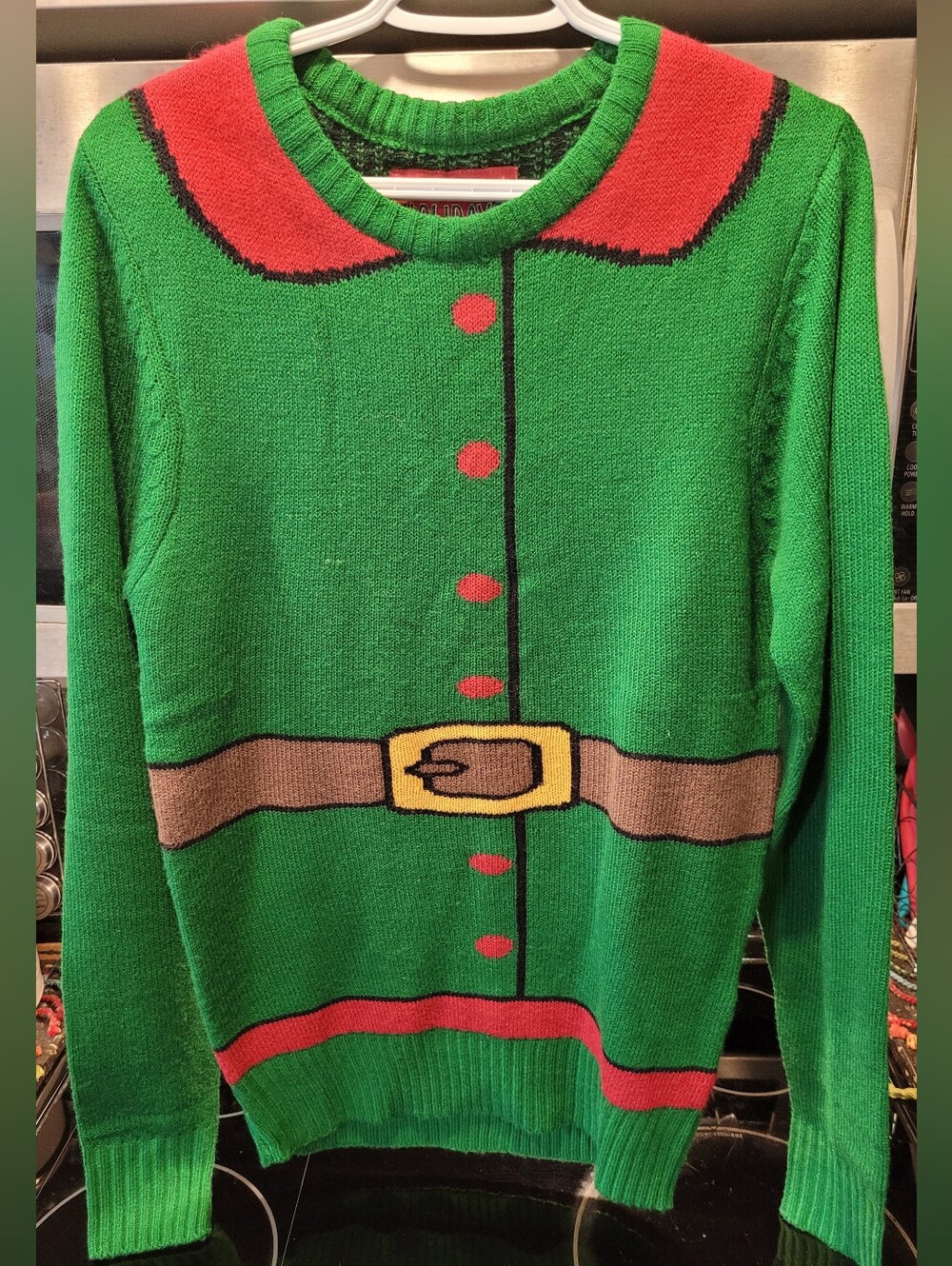 Green Holiday Elf Crewneck Sweater with Decorative Belt - Christmas